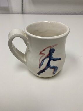 Source Unknown White Ceramic Mug with Blue and Red Runner Motif